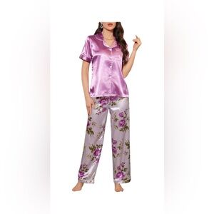 Elegant Satin Floral Pajama Set - Purple